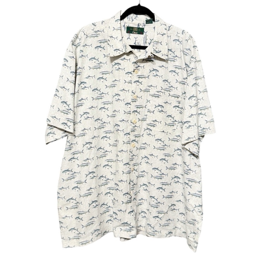 Orvis Men’s Cotton Button Front Short Sleeve Fish Print Collared Shirt